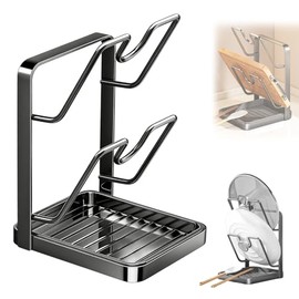 Pot Lid Holder, Pot Lid Organiser, Kitchen Shelf with Spoon Rest, Pot Holder, Spoon Rest, Kitchen, 2-in-1 Design for Two 16-34 cm Pot Lid Lid Holder, Sturdy Pot Lid Organiser Holder