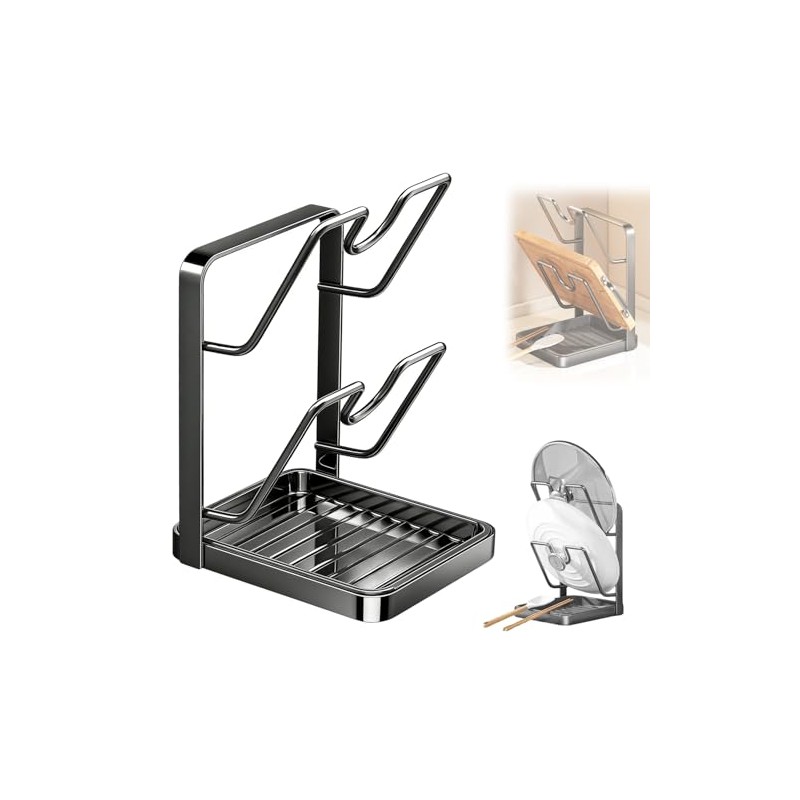 Pot Lid Holder, Pot Lid Organiser, Kitchen Shelf with Spoon