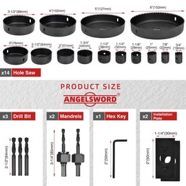 ANGELSWORD Hole Saw Set 24 PCS Hole Saw Kit, Hole Saw Drill Bit Kit, 3/4"-6" (19-152mm) 14 PCS Saw Blades, for Drywall, Soft Wood, Plywood, Plastic, PVC