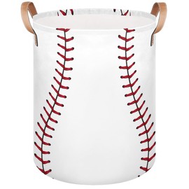 Bardic Large Laundry Basket Baseball Texture Laundry Hamper with Leather Handle, Sport Baseball Collapsible Organizer Basket Freestanding Tall Clothes Hamper for Bathroom Bedroom Living Room