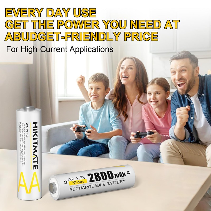 HIKITMATE Rechargeable AA Batteries 2800mAh 2 Pack - 1.2V Low