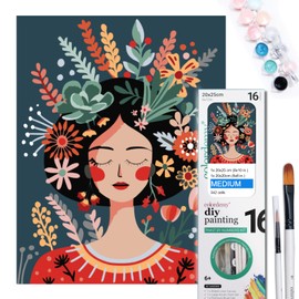 COLORDEMY 2-in-1 Paint by Numbers Kit - Rolled Canvases (20x25cm & 20x20cm), 16 Colours, Brushes & Paints Included - Fun for Adults & Kids, Perfect for Parties or Group Painting (Floral Hair Lady Design)