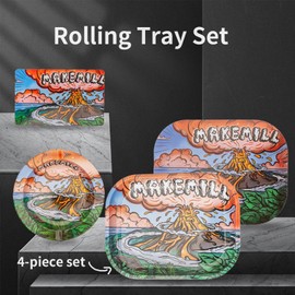 Rolling Tray Set with Magnetic Lid, Metal Small Trays - 7.09 x 5.52'', Ashtray - 5.4 x 5.4'', Comes with 1 Scoop Card for Home Storage or Travel