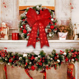 Christmas 32'' 72LED Christmas Glitter Red Bow,Tree Topper Decorative Bows for Indoor Outdoor Decorations，Wreath Decoration