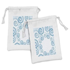 Ambesonne Teal and White Fabric Pouch Set of 2, Ocean Waves Inspired Design with Abstract Blue Swirls Water Sea Spirals, Small Drawstring Bag for Toiletries Masks and Favors, 9" x 6", Blue White
