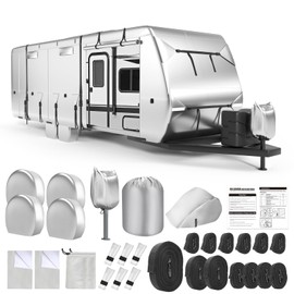 DenForste Oxford RV Cover,24-27 Ft Travel Trailer 420D Oxford Cloth,Tearproof Waterproof Windproof Camper Cover with Tongue Jack Cover,4 Tire Covers,6 Gutter Covers,3 Zippered Doors