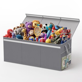 Lewondr Extra Large Toy Chest Storage Bin with Lids, Collapsible Sturdy Toy Chest Storage Box for Boys, Girls, 3 Removable Dividers for Living Room, Playroom, Nursery, Bedroom, 40"*16"*16", Grey
