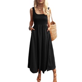 Mieazom Women's Maxi Dress Summer Sleeveless Swing Sundress Casual Loose Tank Long Dresses with Pockets Black L
