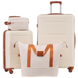 Merax Luggage Hardshell Suitcase Sets with Spinner Wheels with Bags, Ivory, 20/28 Inch + Cosmetic & Handbag
