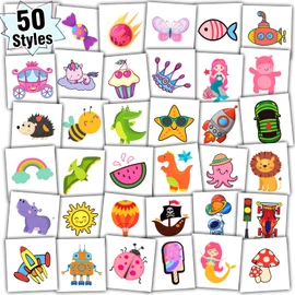 Partywind Individually Wrapped Sheets Kids Temporary Tattoos, Birthday Party Favors Supplies for Boys and Girls, Unicorn/Dinosaur/Mermaid/Pirate Tattoo Stickers for Goodie Bags Stuffers (50 Styles)