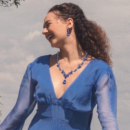 EleQueen Wedding Jewelry Set for Women Bride Bridesmaid, Stunning Marquise Rhinestone Crystal Floral Leaf Vine Pendant Necklace Dangle Earrings Bracelet Set for Prom Party Blue Silver-Tone