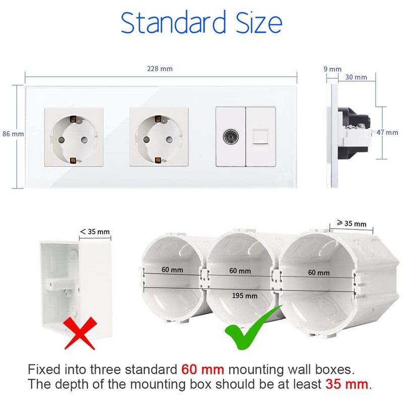 CNBINGO Glass Schuko Socket, Flush-Mounted, with Combination for CAT6 Network