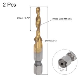 sourcing map Combination Drill and Tap Bit, 1/4" Hex Shank M4 x 0.7 Metric Titanium Coated High Speed Steel 4341 Spiral Flute Drilling Tapping Tool 2pcs