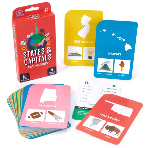 States & Capitals Flash Cards for Kids – 50 American State Cards + 9 Learning Games – USA Facts, Capitals, Nicknames, Geography, History, Mottos & Trivia – Memorization, Studying & Teaching Tool