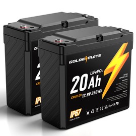 GOLDENMATE 12V 20Ah LiFePO4 Battery(2 Packs), IP67 Waterproof, 12V Lithium Battery with 5000+ Deep Cycles, Built-in BMS & Premium Battery Cells, Ideal for Solar, Marine, Fishfinder, Off-grid camping