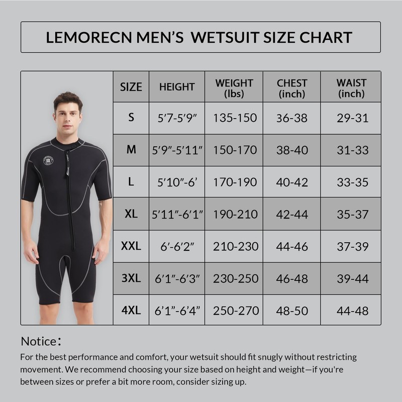 Lemorecn Wetsuits Mens Front Zip Neoprene 3mm Shorty Diving Suit(CA3016black-XL)