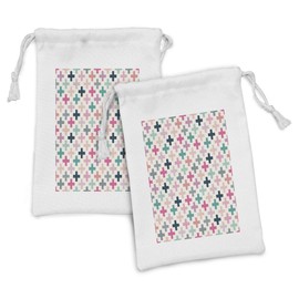 Ambesonne Teal and White Fabric Pouch Set of 2, Colorful Geometric Shapes Dotted Design Hipster Feminine Fun Art Graphic, Small Drawstring Bag for Toiletries Masks and Favors, 9" x 6", Multicolor