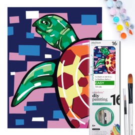 COLORDEMY 2-in-1 Paint by Numbers Kit - Rolled Canvases (20x25cm & 20x20cm), 16 Colours, Brushes & Paints Included - Fun for Adults & Kids, Perfect for Parties or Group Painting (Turtle Design)