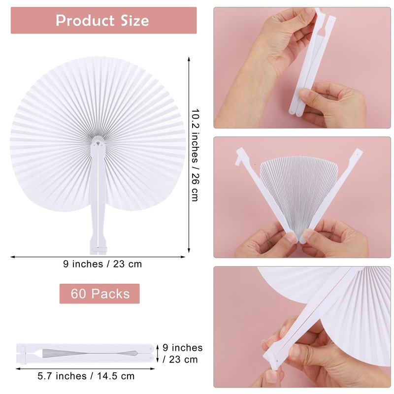 Aodaer Paquete de 60 ventiladores redondos plegables de papel blanco
