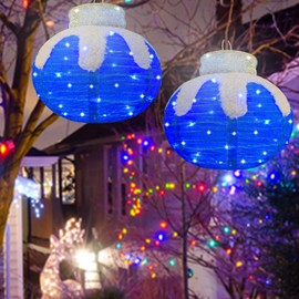 Lighted Christmas Balls Outdoor Decorations, 2pcs Pop-Up Blue Christmas Décor Balls Prelit 160 Lights with 8 Flashing Effects, Collapsible Light Up Hanging Lanterns Plug-in for Home Yard Party-Blue