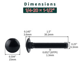 1/4-20 x 1-1/2" Black Carriage Bolts with Nuts and Washers Kits (10 Sets), 304 Stainless Steel 18/8, Black Finish, Round Head, Square Neck, Heavy Duty Bolts, Indoor Outdoor Fastening Bolts, Fayeploo