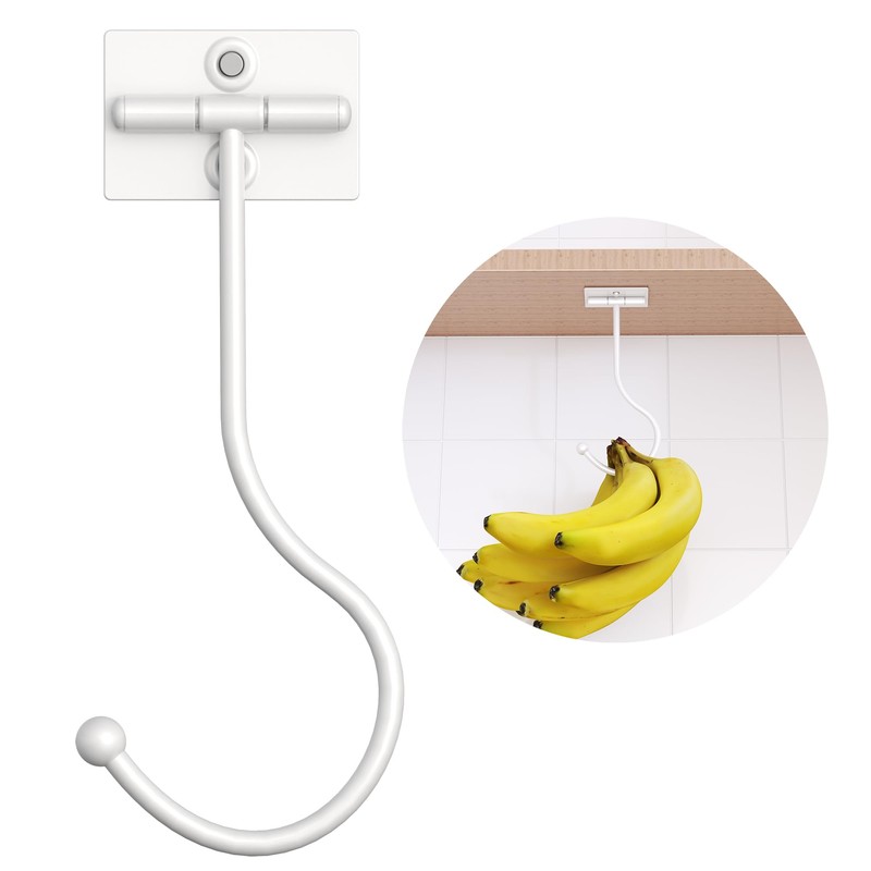 Josmimic White Banana Hanger Hook Under Cabinet: Adhesive Banana Holder,