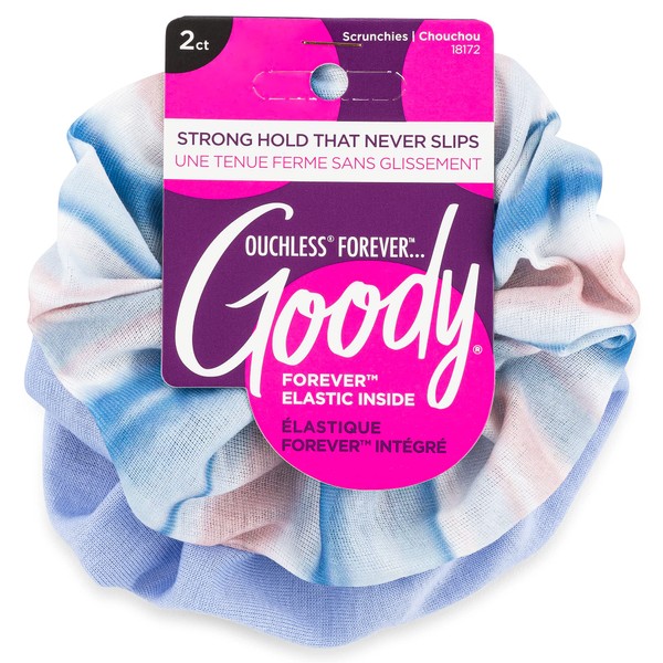Goody Forever Scrunchies - 2 Count, Blue Stripes - Pain-Free Hair Accessories for Men, Women, Boys & Girls - Style With Ease & Keep Your Hair Secured for All Day Comfort - For All Hair Types