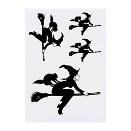 4 x 'Flying Witch' Temporary Tattoos - Water Resistant, Skin-Safe, Non-Toxic Transfers, Mixed Sizes (TO00012027)
