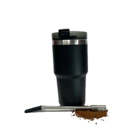 Bundle - Black Stainless Steel Tumbler with Lid and Tea and Coffee Brewing Straw, Single Serve Brew Strainer with Vacuum-Insulated Drink Cup for Home, Work, or Travel, Portable and Reusable, 20 oz.