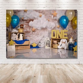 MEHOFOND 7x5ft Blue and Gold Boy One Birthday Photo Studio Portrait Backdrop Props Balloons Cloud Stars Retro Wall Happy 1st Birthday Party Decorations Photography Background Banner