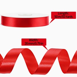 20mm Red Ribbon 50 Meter, Satin Ribbon Gift Ribbon Polyester Ribbon Red Ribbon for Gift Wrapping Bows Crafting Decoration Wedding Party Christmas