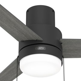 Hunter Fan 52 inch Low Profile Matte Black Finish Indoor Ceiling Fan with LED Light and Pull Chain, Holiday Gift for Bedroom, Living Room, Dining Room, Kitchen, Office (Renewed)