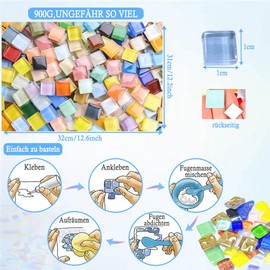 Exquilnova 900g Crystal Mosaic Tiles,1 X 1cm Mosaic Tiles Arts and Crafts,About 1000 Pieces Mixed Color Mosaic Kit for DIY Crafts,Plates,Flowerpots,Vases,Cups,Home Decor