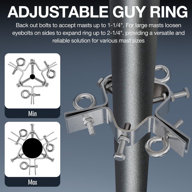 Guy Wire Ring, Heavy Duty Stainless Steel Adjustable 3 Way