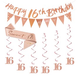 Happy 16th Birthday Party Supplies For Women Girls,Rose Gold Happy 16th Birthday Banner bunting,Triangle Banner Flag Sash Hanging Swirls Streamers For Women Birthday Party Decoration (16th)
