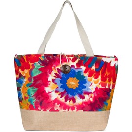 styleBREAKER 02012389 Women's Beach Bag with Colourful Floral Pattern Print, Toggle Button Closure, XXL Shoulder Bag, Shopper, Red-blue-orange