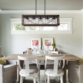 Ship From USA,32" Red Wood Industrial Farmhouse Rectangle Pendant Light, 5-Light Chandelier with Lampshade(No Bulbs)Design Style: Modern, Lamp Power(W): 15, Product Size: 80*26*85cm