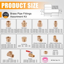 Ailbiuko 105PCS Brass Pipe Fittings Assortment Kit NPT Adapter,Reducer Bushing, Hex Nipple, Reducing Hex Coupling,90 Degree Street Elbow,Street Tee,Ball Valve,Hex Head Plugs,Socket Plug Fittings Kits