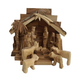 Bethlehem Gifts TM Handcarved Bethlehem Olive Wood Miniature Nativity Scene Set with Stable 12 Pieces (4.5" Stable and 2.75" Figurines)