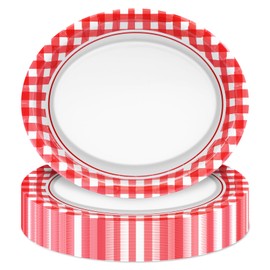 PhyLence 50 Pcs Red Gingham Oval Paper Plates – 9" x 11" Checkered Pattern Disposable Plates for BBQs, Picnics, Outdoor Parties, and Summer Gatherings