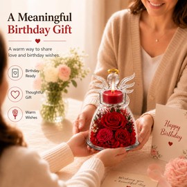 Agrul Birthday Gifts for Wife Girlfriend Women, Preserved Red Rose in Glass Angel Candle Holder, Romantic for Her, Forever Flower Home Decor