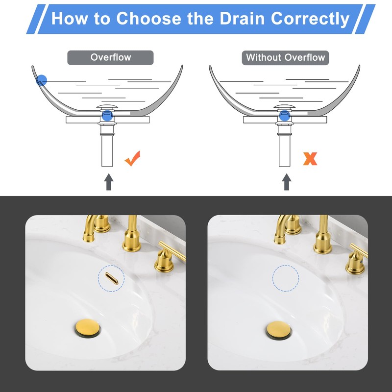 Pop Up Drain with Overflow, ARCORA Brushed Gold Bathroom Sink