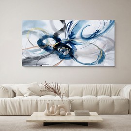 yiijeah Modern Large Abstract Wall Art - Bright and Bold Line Design - Blue and White Canvas Picture Artwork Wall art for living room and office Oversized Abstract wall Decor