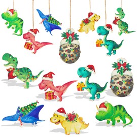 42 Pieces Christmas Dinosaur Ornaments for Christmas Tree, Wooden Watercolor Dinosaur Ornaments for Kids Christmas Tree Topper Christmas Tree Xmas Ornaments Set for Kids Christmas Decorations