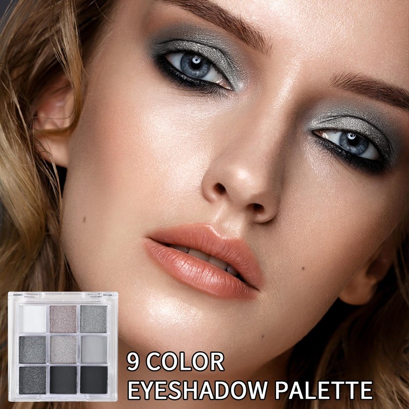 Erinde Black Smokey Gray Silver Eyeshadow Palette, 9 Colors Matte