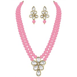 I Jewels Womens 18K Gold Plated Indian Wedding Bollywood Kundan & Pearl Studded Necklace Jewellery Set (Ml311Pi) Pink