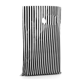 NUOMI 200 PCS Plastic Merchandise Bags with Die Cut Handle 7.9x5.9 Inch Vertical Striped Shopping Bags for Retail, Gift Wrapping, Party Favors, Small Business, Birthday, Black