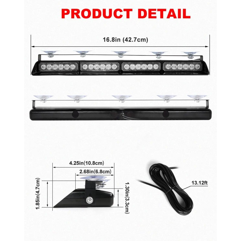 Emergency Dash Strobe Lights 2x16.8 Inch Red White 48 LED