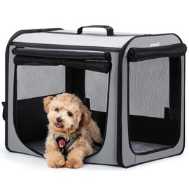 Dog Car Carrier Light Weight, Dog Carrier for Car Easy to Assemble, Dog Car Crate Portable and Breathable, Foldable Pet Carrier for Both Indoor and Outdoor Use, Dog Travel Crate with Curtain Gray