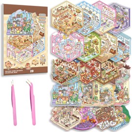 20 Sets DIY 3D House Stickers Kit Non-Toxic & Safe 3D Miniature Scene Therapy for Kids and Adults, Stress Relief Sticker Scenes with Tweezers Creative Fun & Reusable DIY Sticker Therapy Kit for age 3+